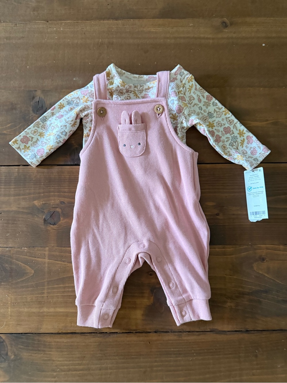 NWT Pink Ribbed Bunny Overalls with Floral Long-Sleeve Bodysuit
